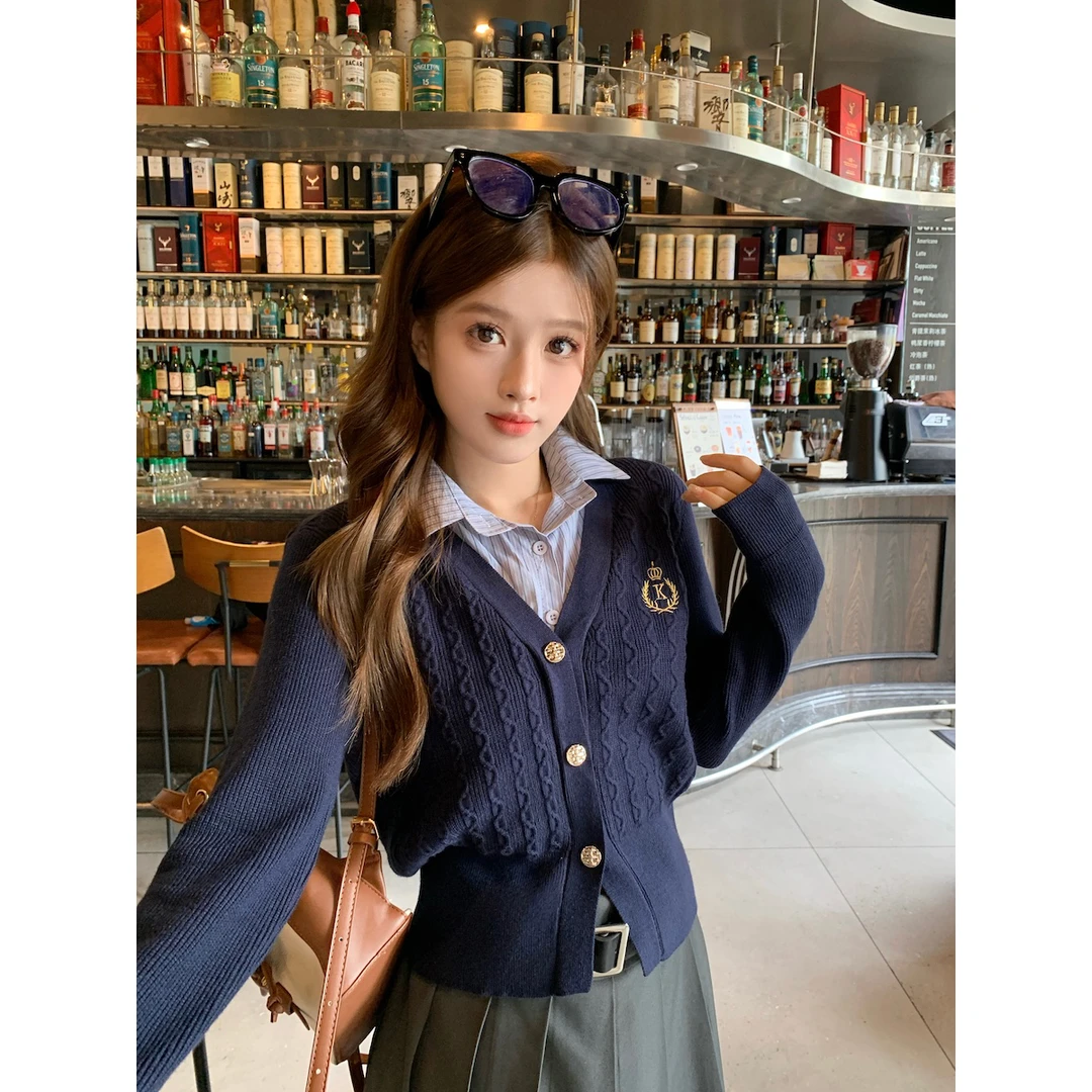 柏林学院深蓝色针织开衫女设计感针织上衣毛衣外套