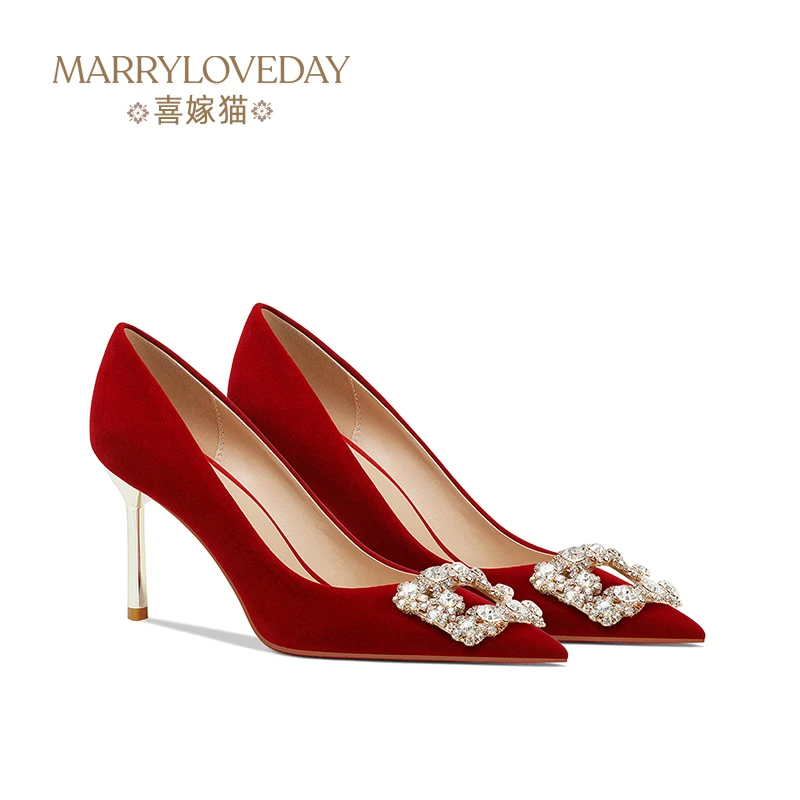 【可拆卸扣】酒红色婚鞋新娘鞋结婚鞋子绒面浅口高跟鞋女2024年新款