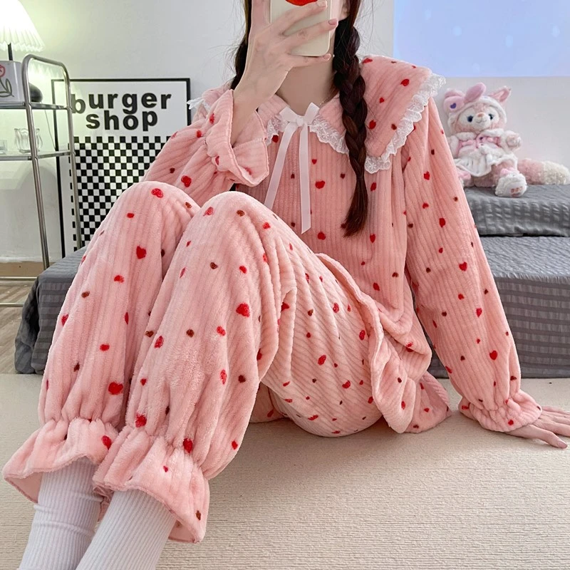 法兰绒睡衣女冬两件套韩版甜美可爱学生秋冬珊瑚绒保暖家居服外穿