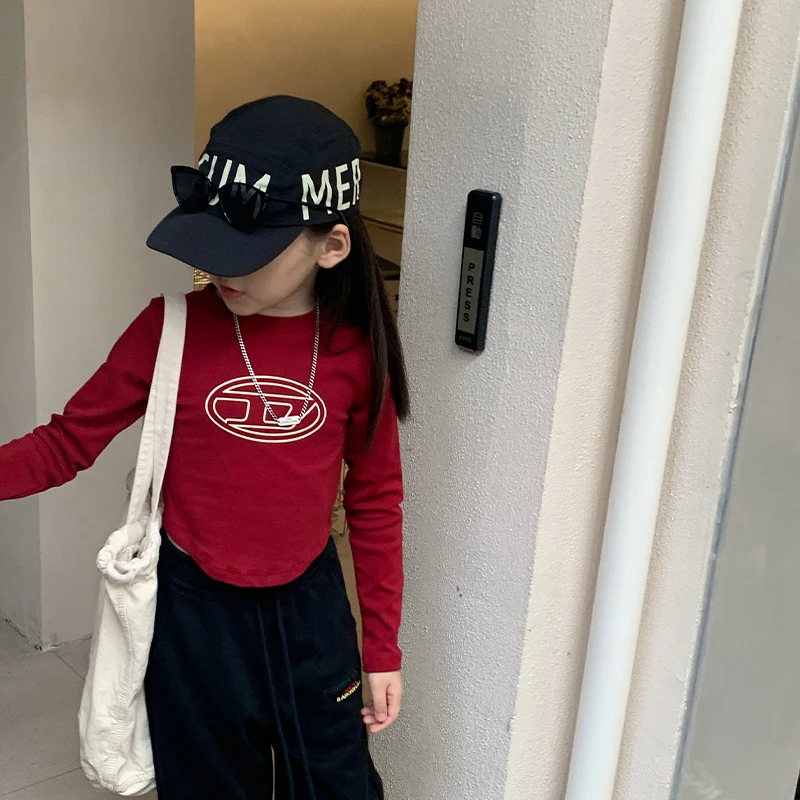 女童长袖t恤2023秋装新款儿童美式LA妹风打底衫短款时髦洋气上衣