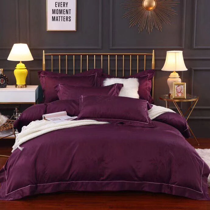 经典简约床品四件套湘苏坊彩荷逐香酒红