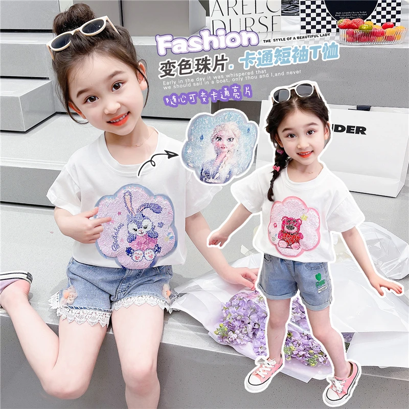 变色t恤女童2023夏季洋气卡通女宝宝可变图案爱莎星黛露纯棉短袖T