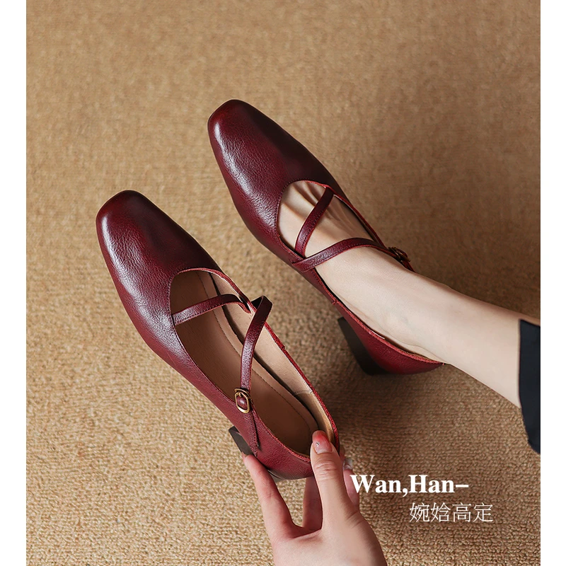 牛皮/4cm/粗跟中跟单鞋女浅口一字带真皮玛丽珍鞋软皮方头复古