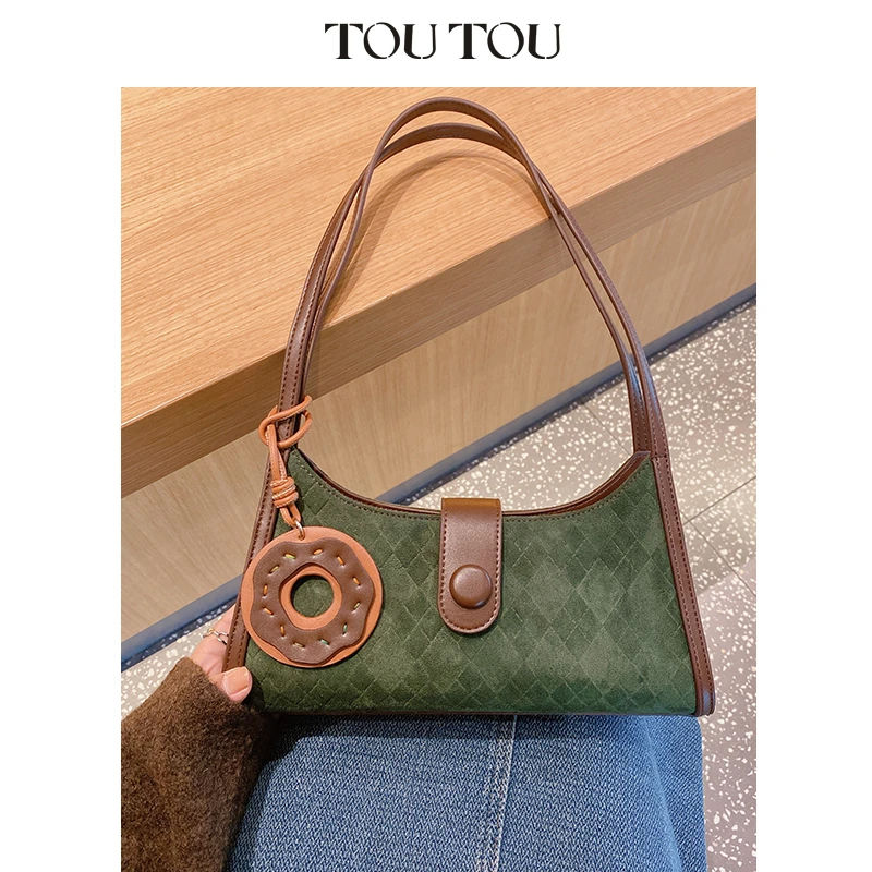 TOUTOU秋冬小众设计复古百搭绿色菱格腋下包女41118B