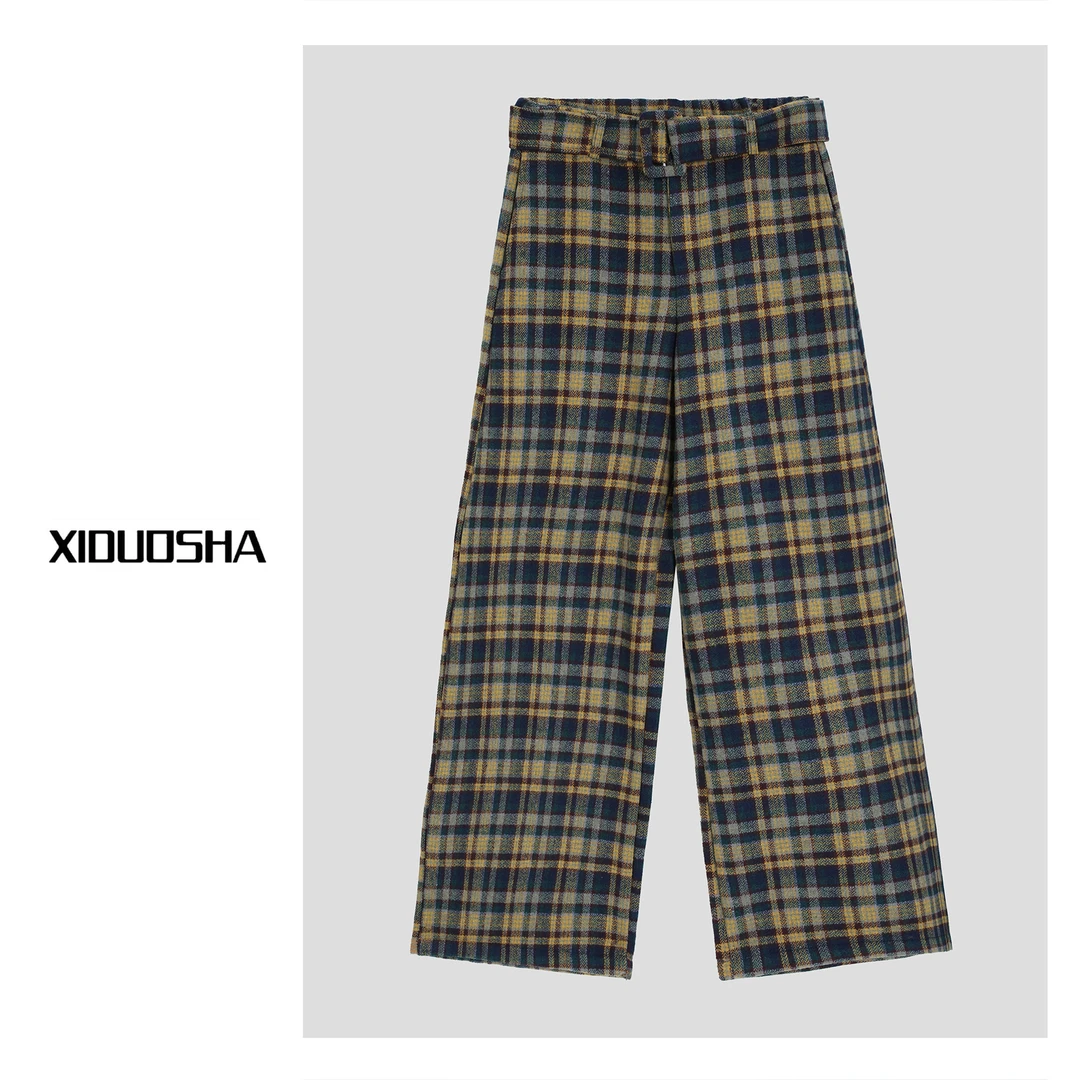 XIDUOSHA/喜朵莎设计款腰带加绒加厚显瘦羊毛格子直筒裤XDS958
