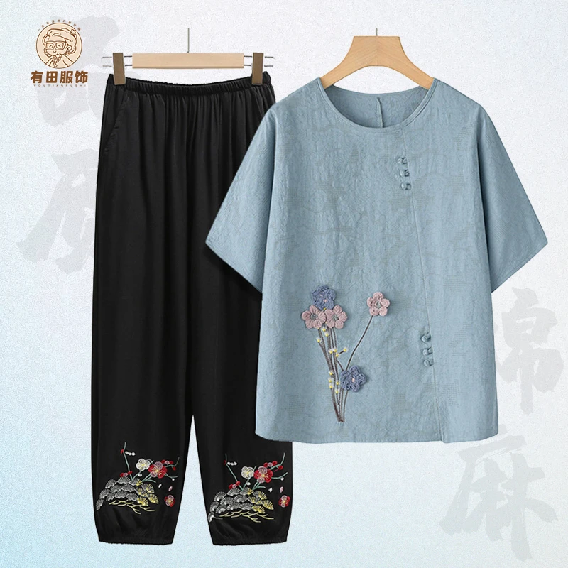 妈妈夏装短袖上衣中老年棉质套装洋气妈妈短袖老人衣服老太太夏季