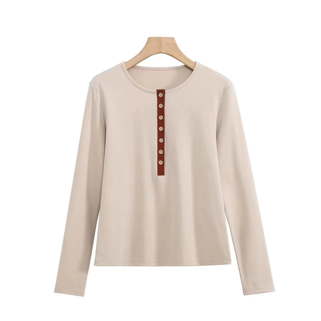 【亨利领排扣打底衫】设计师款长袖T恤女修身秋冬休闲内搭FN-685