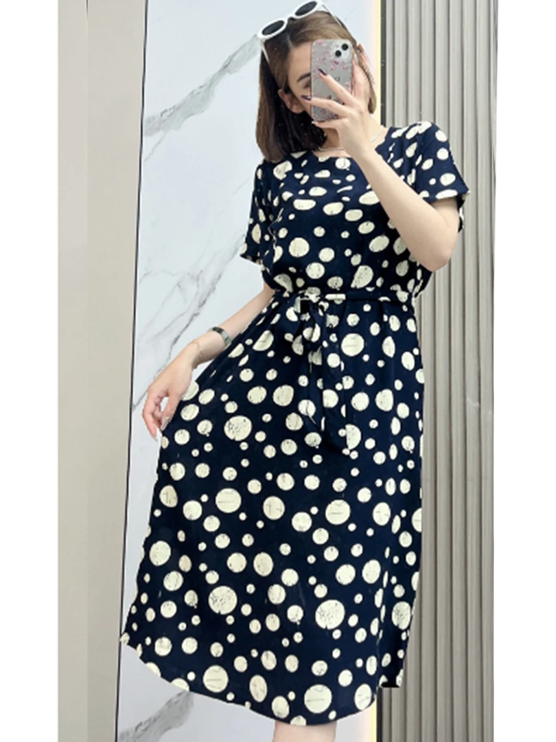 【山东特色人造棉】气质波点碎花系带连衣裙女法式中长款裙DL-5077