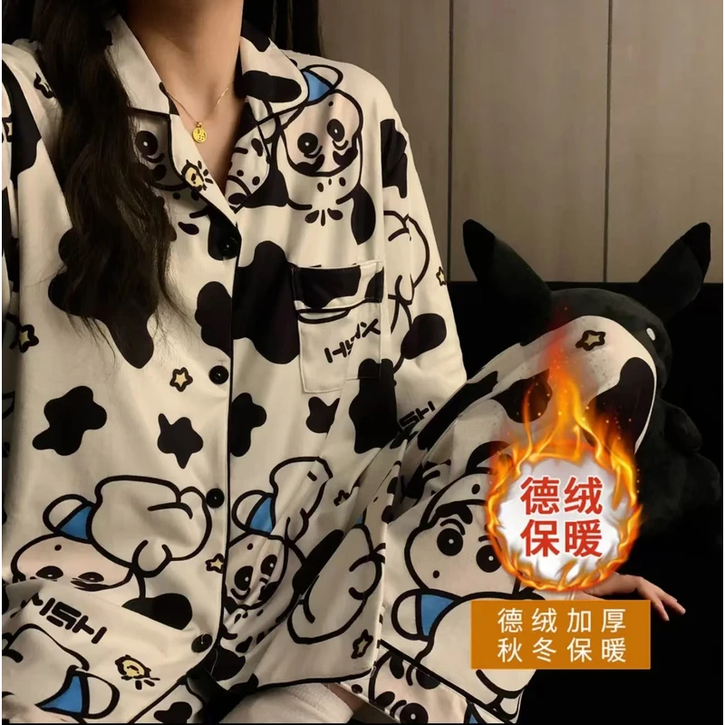 秋冬季德绒绵甜美少女学生宽松长袖睡衣两件套卡通可外穿家居服