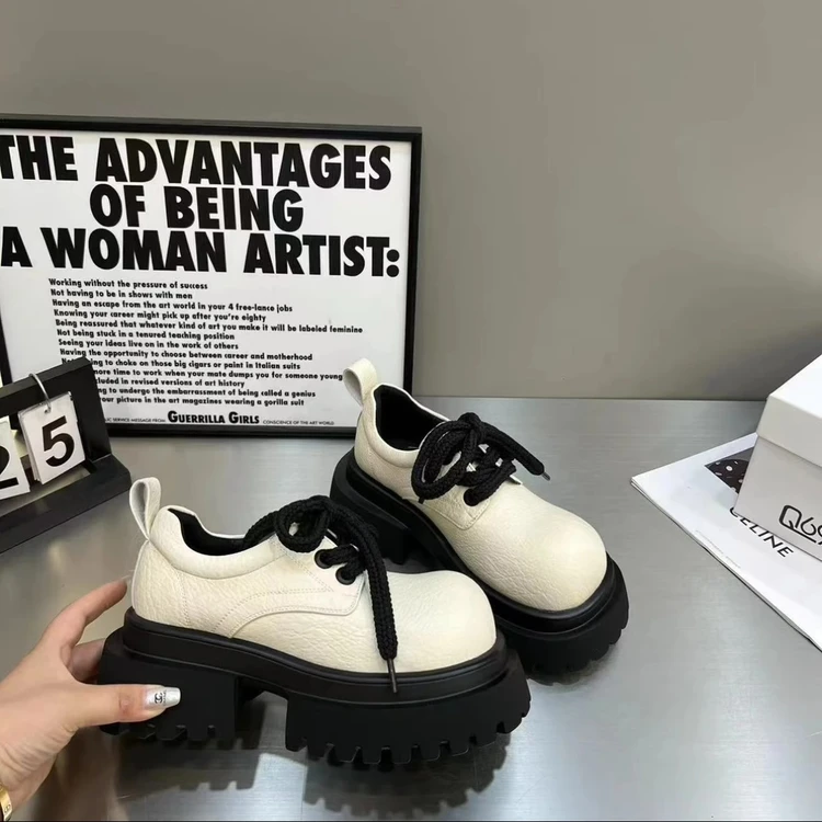 乐福鞋女2024年新款春夏季百搭时尚配裙子厚底增高韩版系带小皮鞋