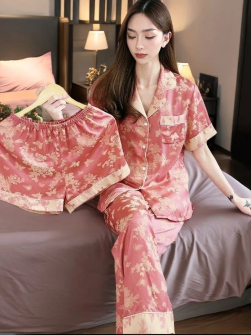 2024新款睡衣女冰丝夏季高级感轻奢短袖三件套装家居服夏天可外穿