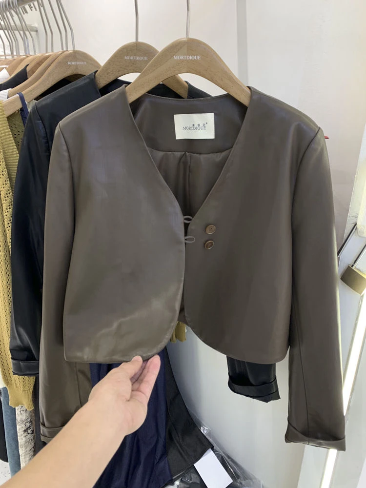 V领两颗扣短款皮衣（直播专用）