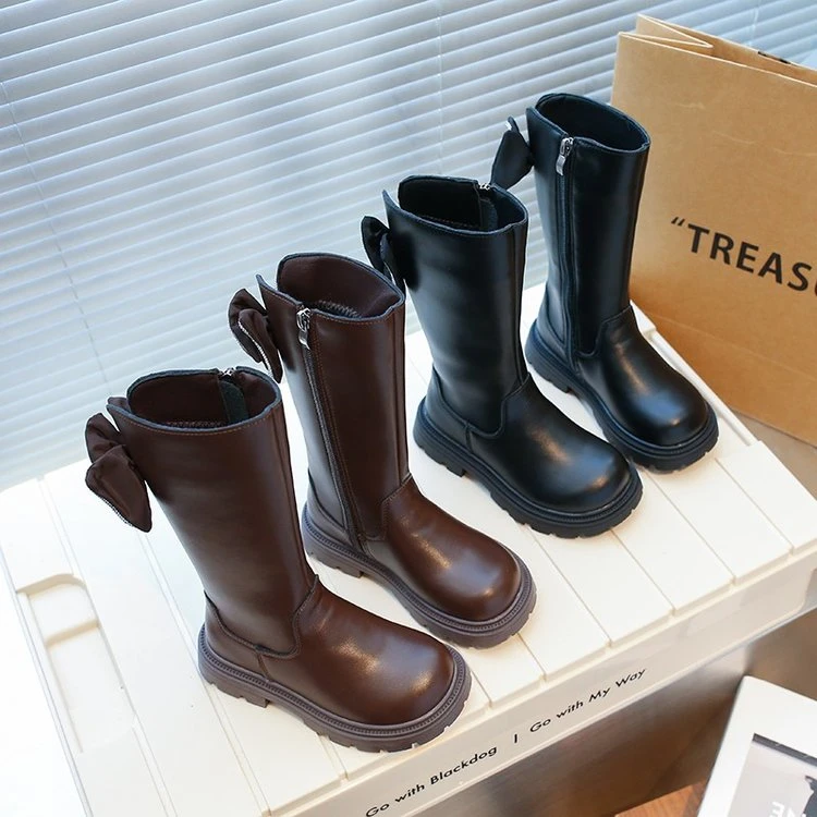 女童靴子高筒靴加绒蝴蝶结长筒靴冬季女孩公主时装靴儿童靴子长靴