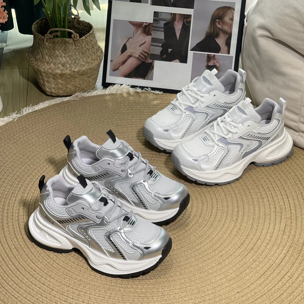 王冠女士老爹鞋女2024夏季新款厚底透气休闲跑步运动鞋登山鞋