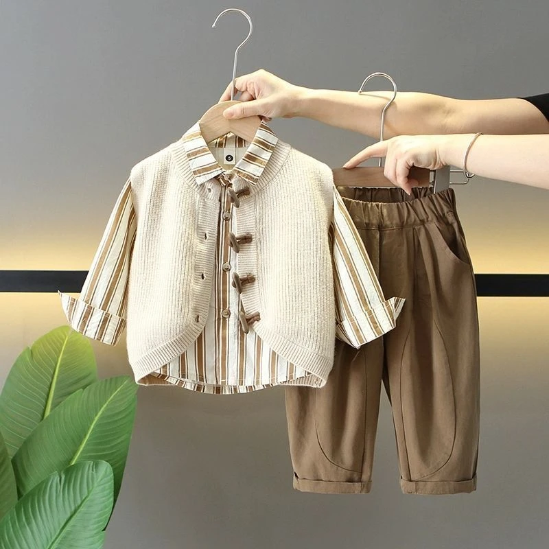 男童秋装套装新款洋气春装儿童毛衣马甲三件套帅宝宝春季休闲衣服