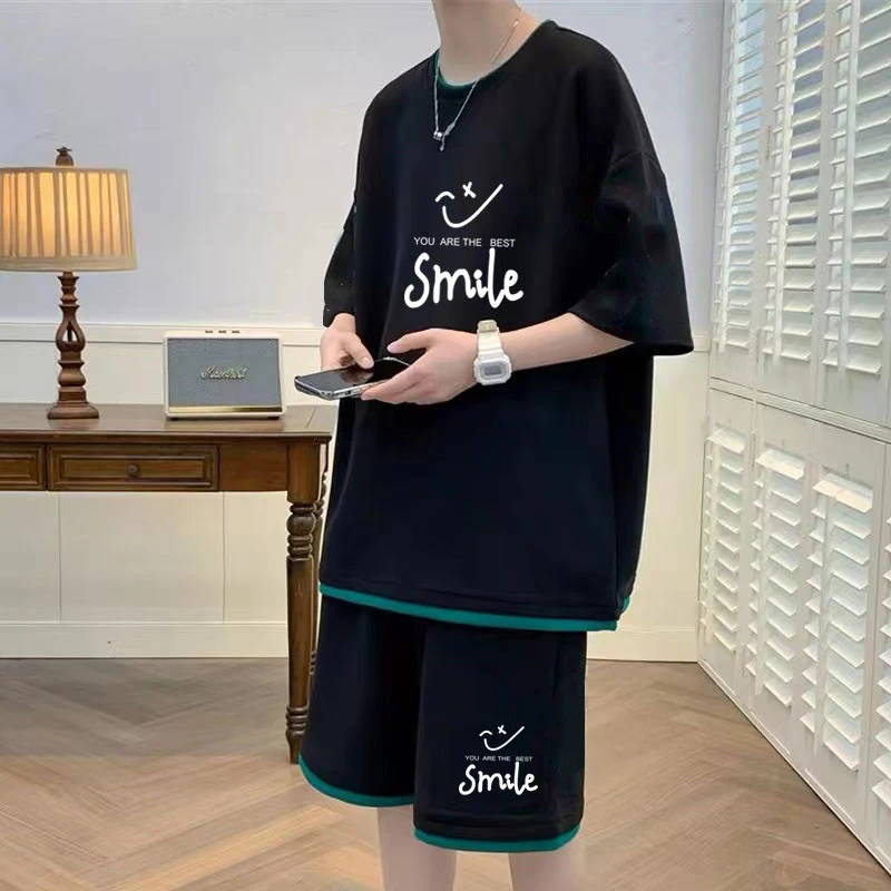 加肥大码华夫格运动套装男夏季薄款宽松t恤休闲短袖短裤男装一套