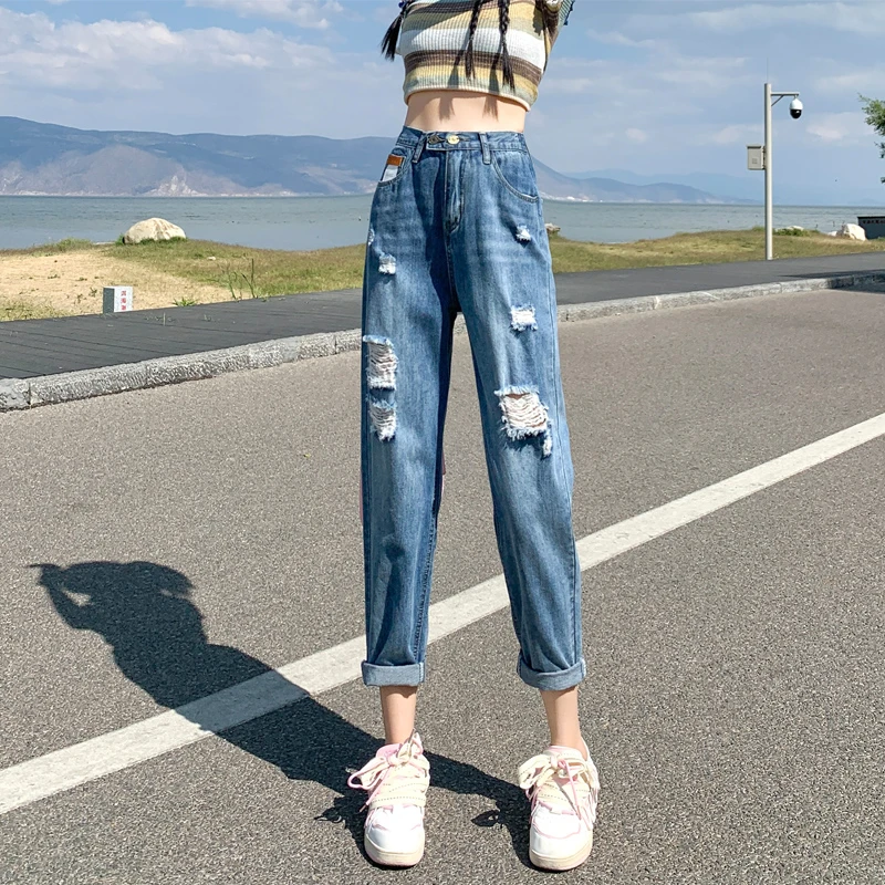 夏季薄款小个子破洞老爹裤女2025年新款显瘦显高哈伦牛仔裤女夏款