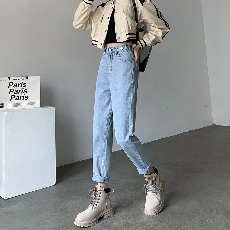 2025新款春季小个子牛仔裤女宽松高腰直筒显瘦老爹萝卜裤哈伦裤