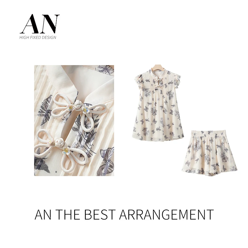 ANNELILY【花朝】时尚设计师款长袖休闲百搭国风短裤套装AT2403121