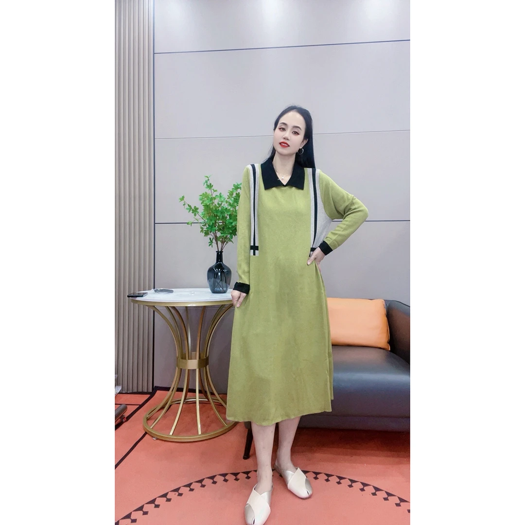 3504 新款秋冬针织宽松连衣裙过膝长款打底裙气质长袖优雅针织裙