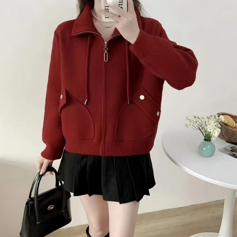 秋冬短款小个子双面绒女外套休闲百搭高腰拉链针织开衫高端