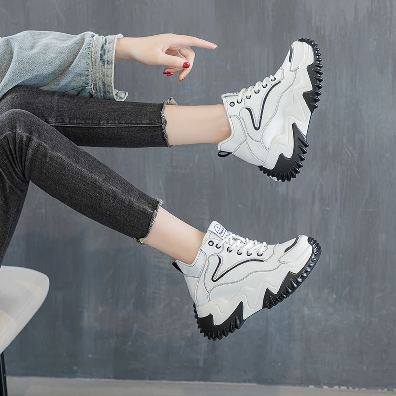 增高8公分网红真皮女鞋春季运动休闲小白鞋小个子厚底高帮老爹鞋