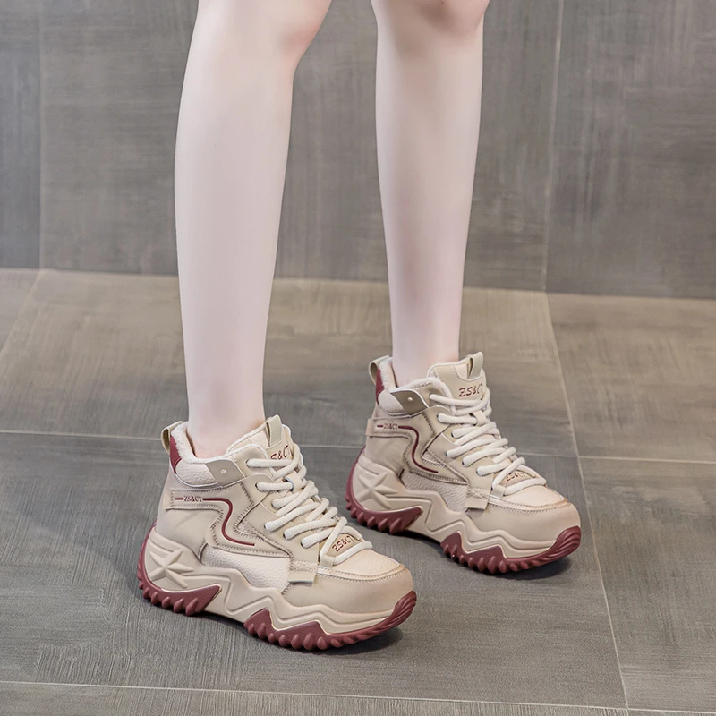 真皮高帮女鞋2025春季真牛皮运动休闲鞋小个子显高厚底增高老爹鞋