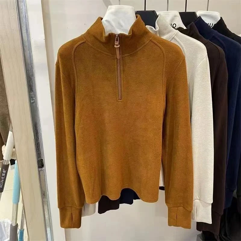 立领半拉链双面绒卫衣女长袖T恤秋冬新款设计感打底衫内搭上衣
