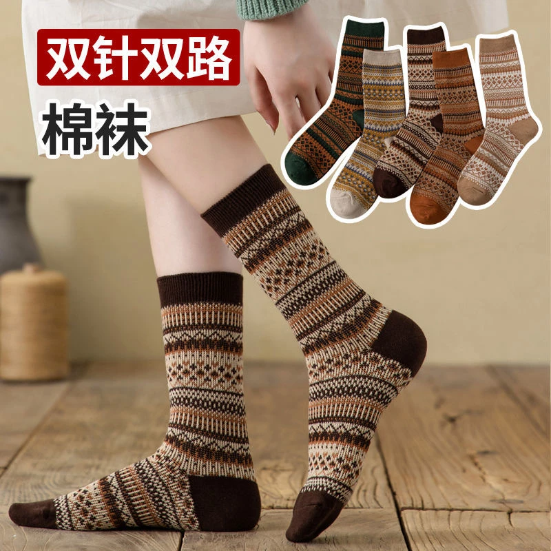 袜子女中筒秋冬季纯棉复古条纹棉线长筒堆堆袜女士百搭保暖棉袜潮