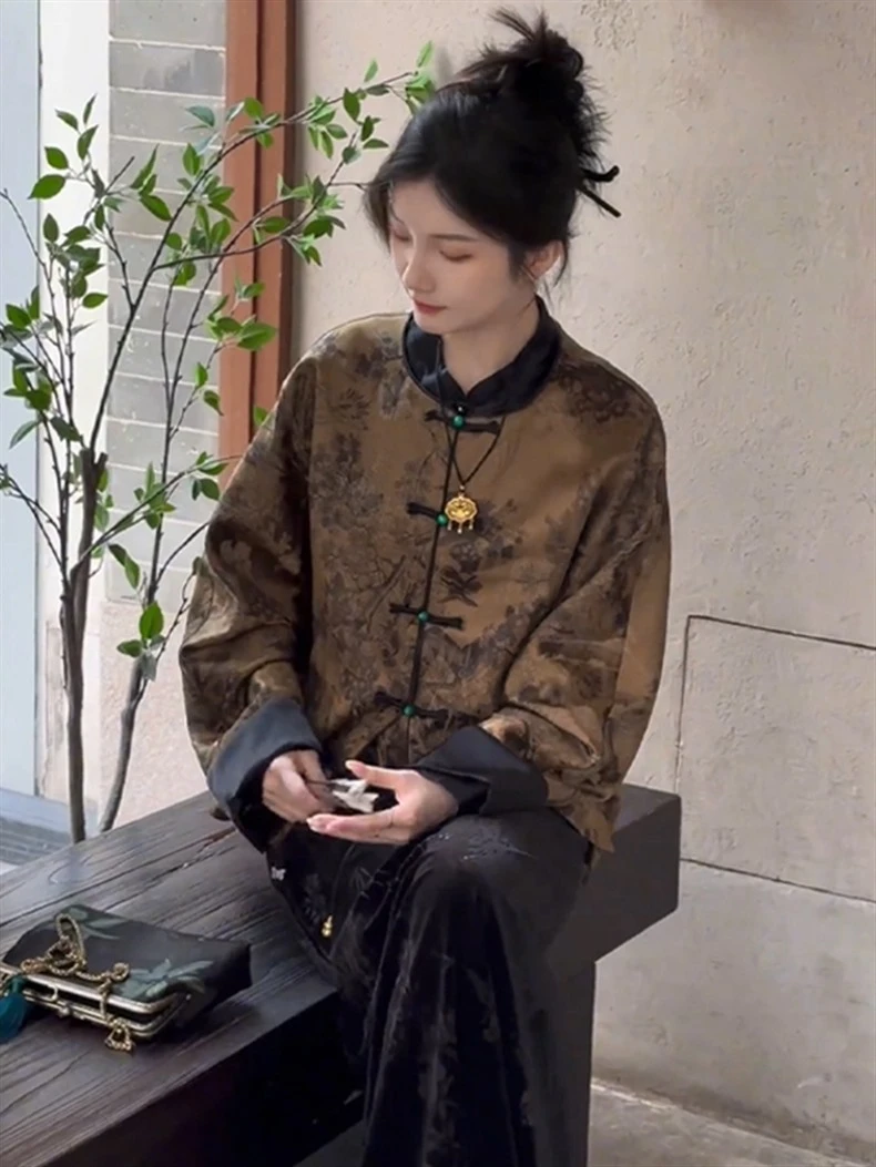 新中式国风复古气质2025春季新款民族风高级感咖色印花唐装外套女