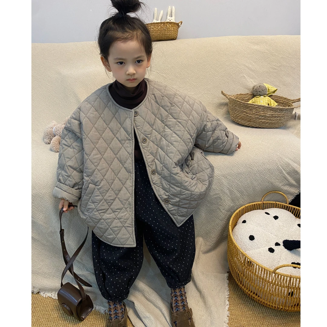 M-Y431男女童韩版中性款冬季加厚菱格中长款保暖棉袄