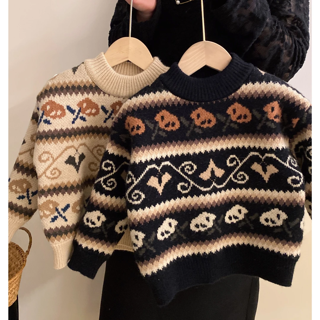 M-Y186男女童韩版加绒花朵毛衣中小童冬季加厚保暖套头针织衫