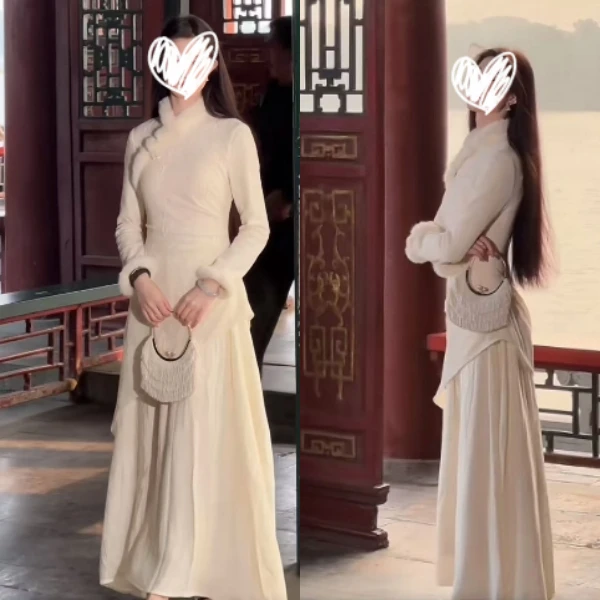 新中式改良版修身温柔旗袍2024秋冬季新款毛毛拼接超仙女显瘦长裙