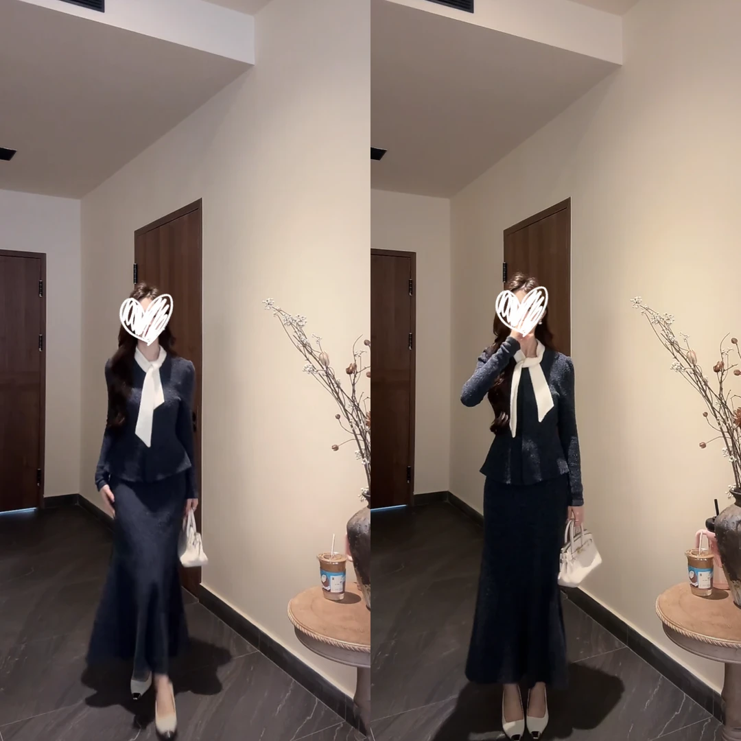 2024秋冬季新款轻熟洋气时尚套装系带针织上衣气质半身裙两件套