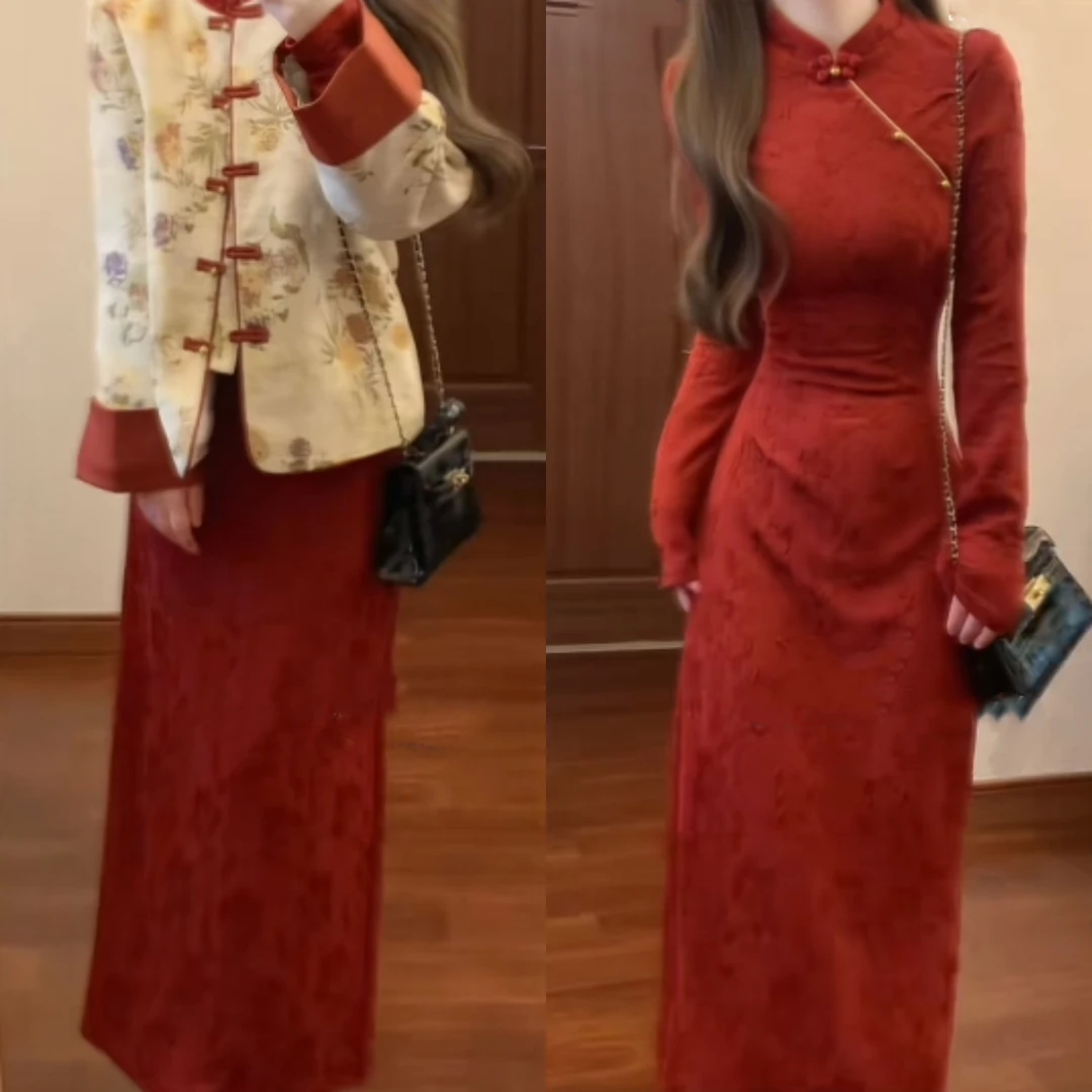 秋冬2025新中式国风立领盘扣织金提花夹棉外套改良旗袍连衣裙套装