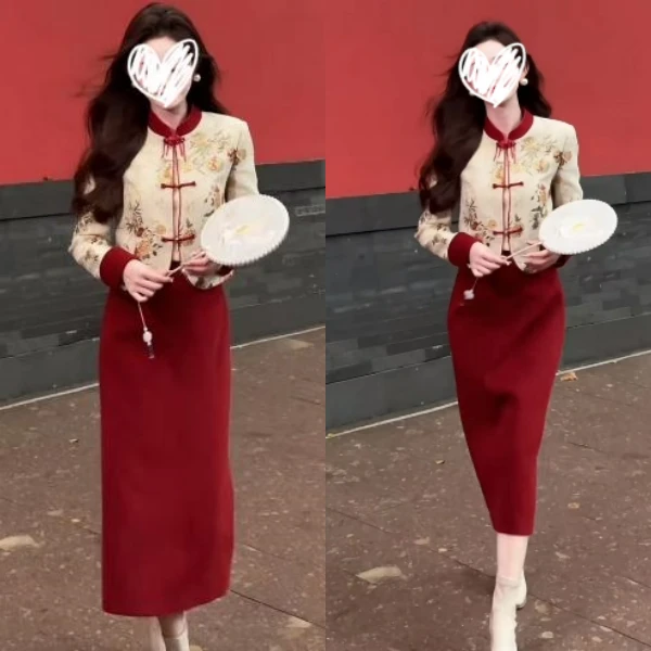 2025秋季新款新中式短款立领撞色盘扣提花外套高腰显瘦包臀半身裙