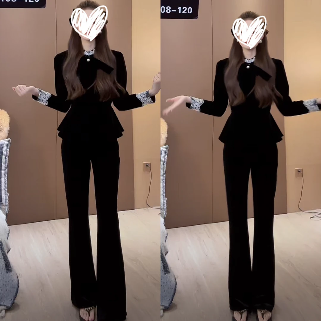 百搭显瘦设计感拼接花边气质丝绒外套休闲高腰紧身喇叭丝绒裤套装