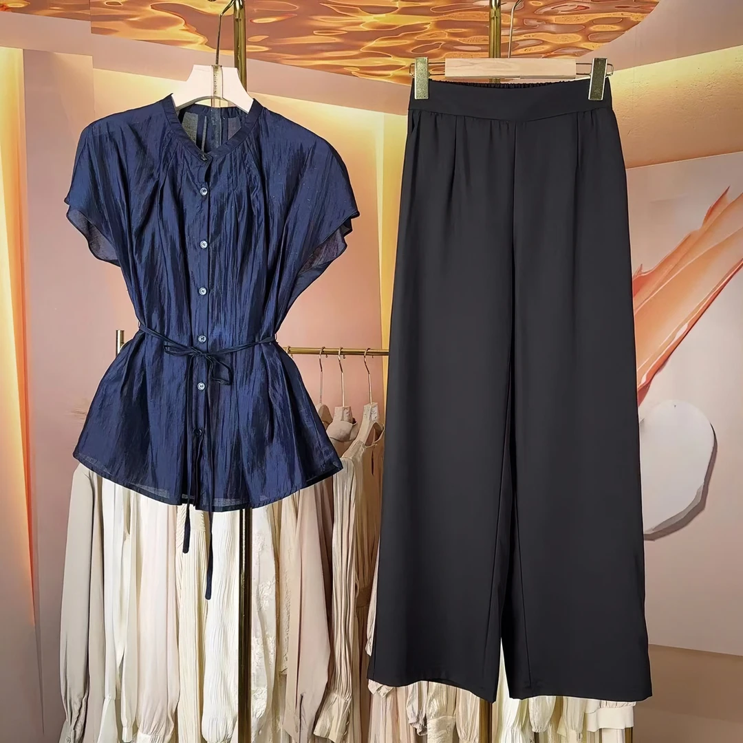 【RG336】2025夏季新款小衫法式时尚轻奢短袖收腰显瘦优雅气质套装