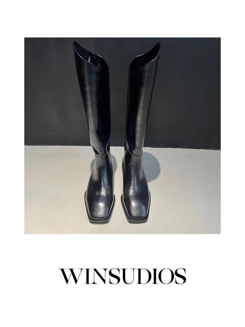 斜切骑士靴【WIN小众定制款】粗跟复古高筒靴