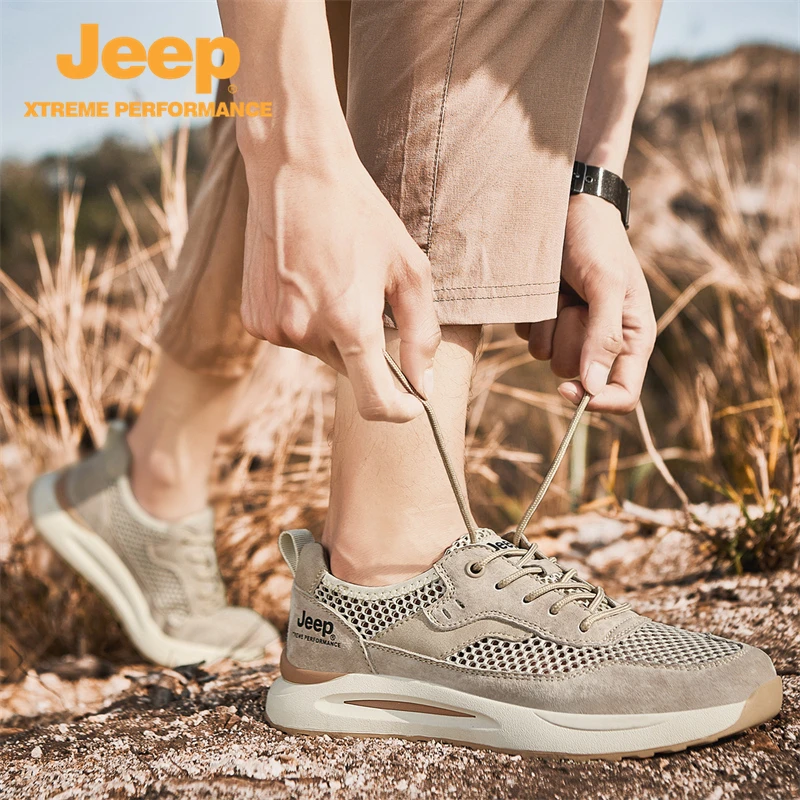 JEEP/吉普夏季男士户外轻便休闲透气网面运动低帮耐磨徒步登山鞋