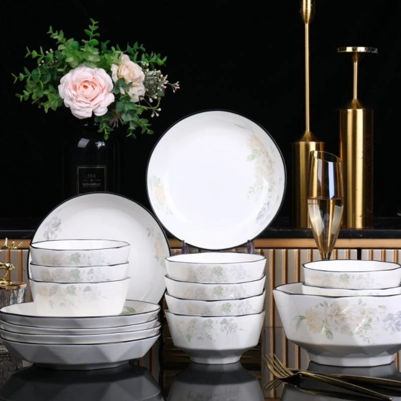 梦幻花影18件套米饭碗拼盘盘子碗碟盘轻奢家用中式创意简约陶瓷