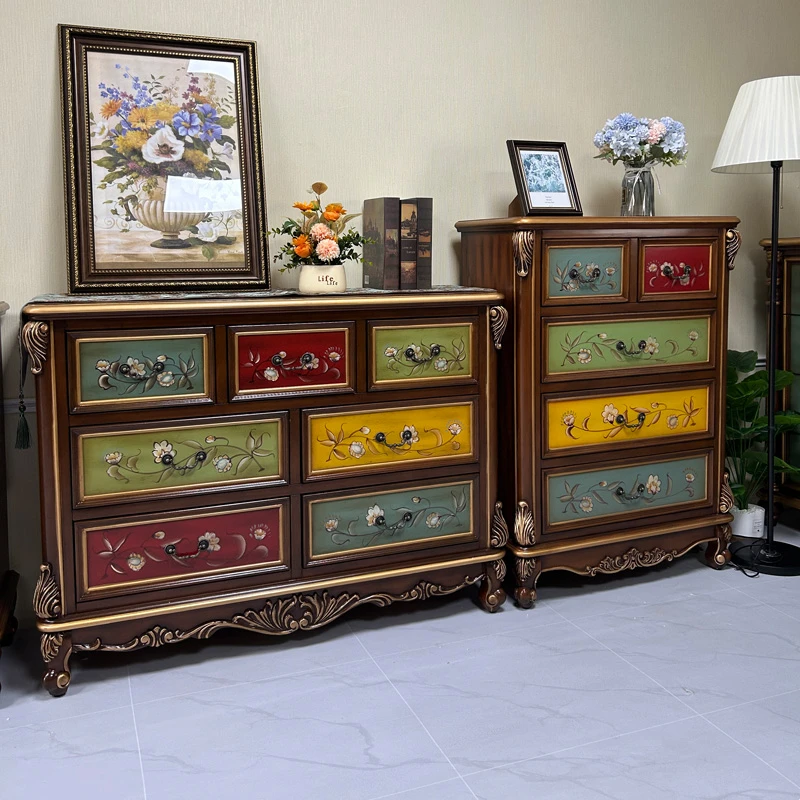 美式乡村彩绘实木斗柜客厅边柜立柜储物柜收纳柜大容量欧式斗柜