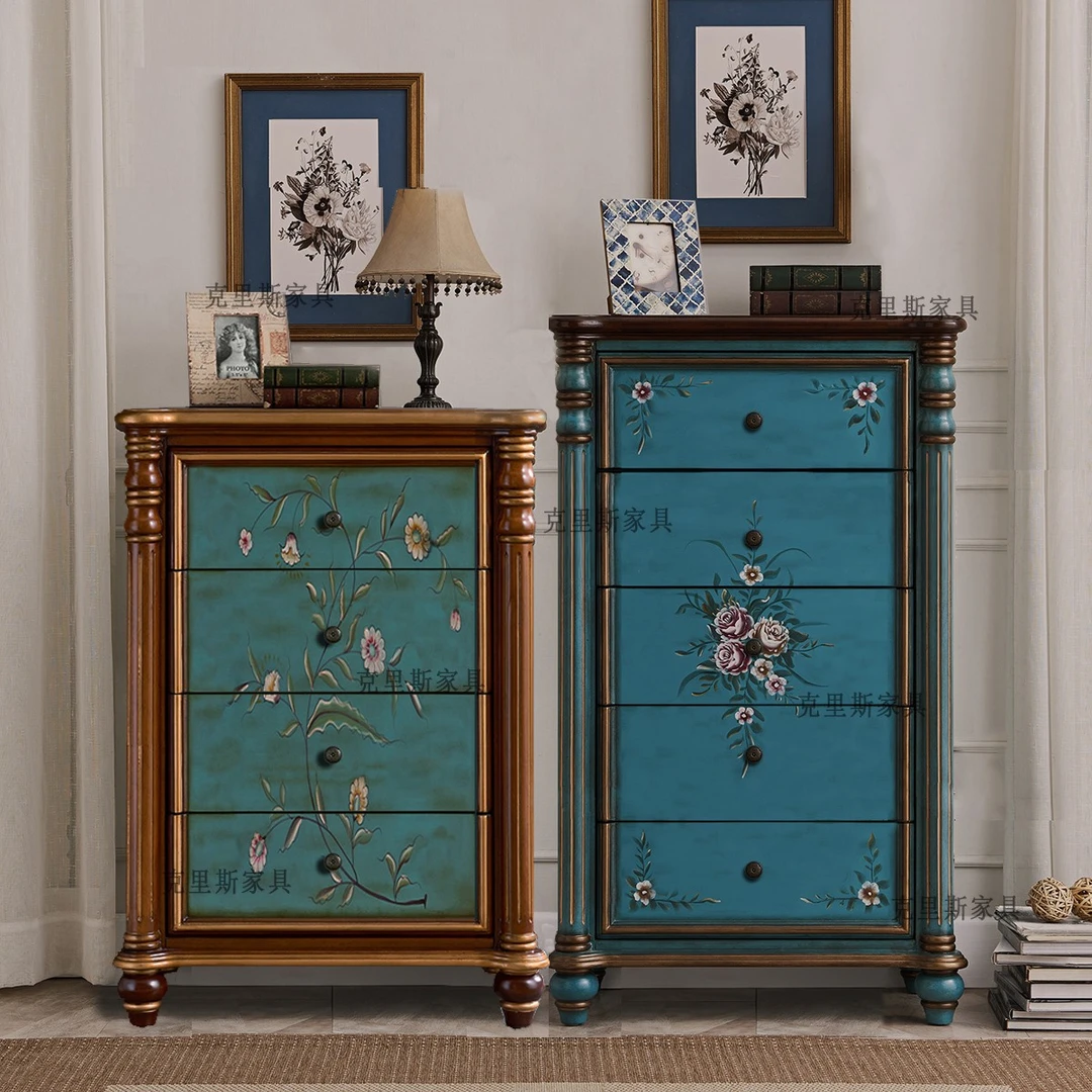 美式实木复古彩绘斗柜电视柜边柜高低组合柜床头收纳柜欧式五斗柜