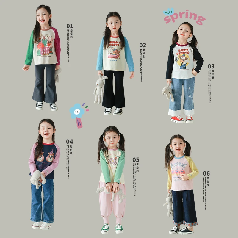 utouto大耳象女童拼色印花插肩T恤2024春季新款女宝卡通2401293