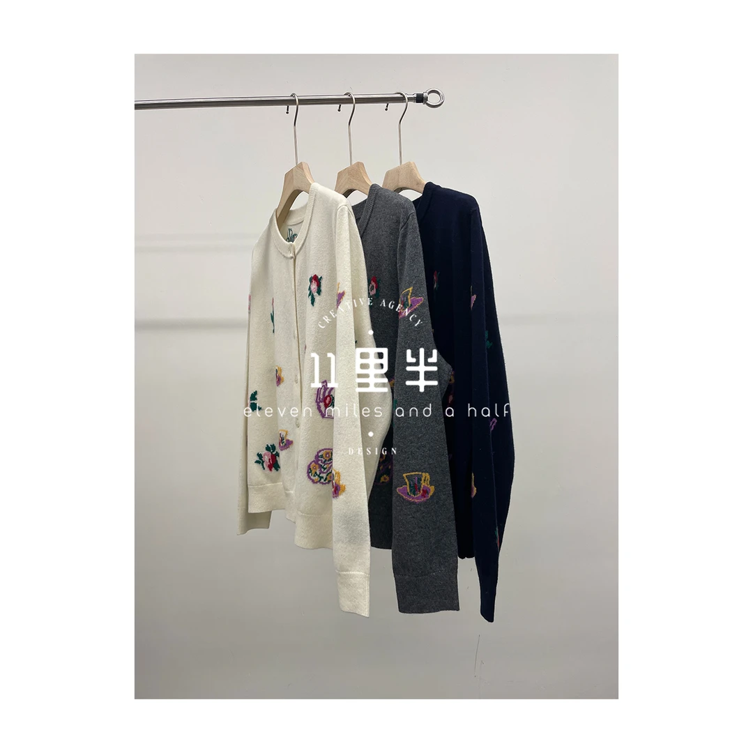 11里半&如懿【如愿】抽象花百搭简约时尚100%羊毛针织开衫长袖