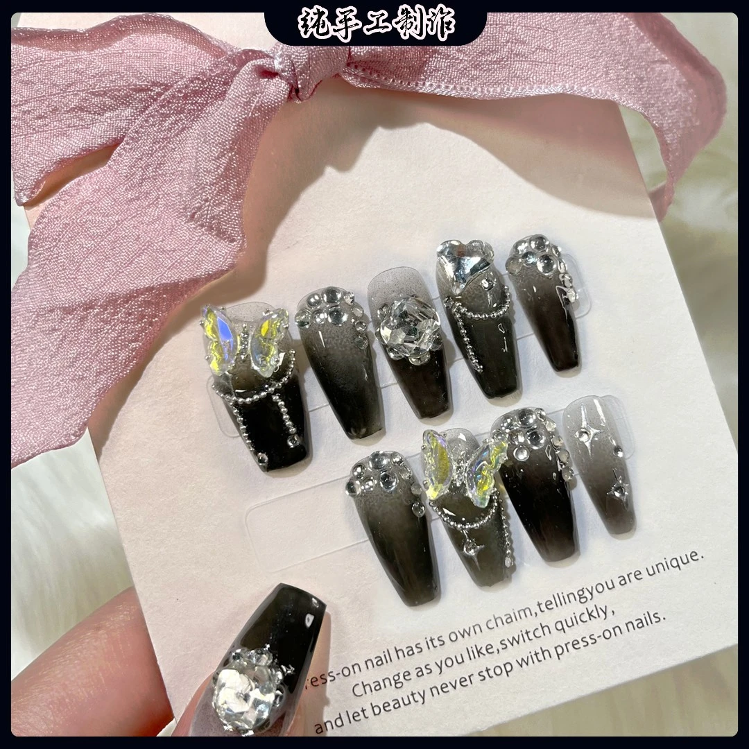 「星夜现蝶」纯手工穿戴甲极光钻爆闪黑色中长梯形气质甜酷辣妹