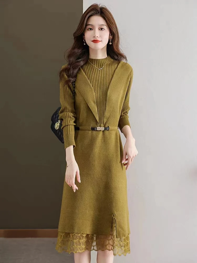 9580半高领针织腰带百搭时尚宽松中长款秋冬打底单穿针织连衣裙