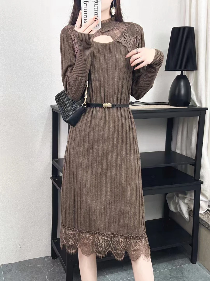 新款51显瘦长袖气质收腰中长款高领过膝秋冬打底单穿针织连衣裙