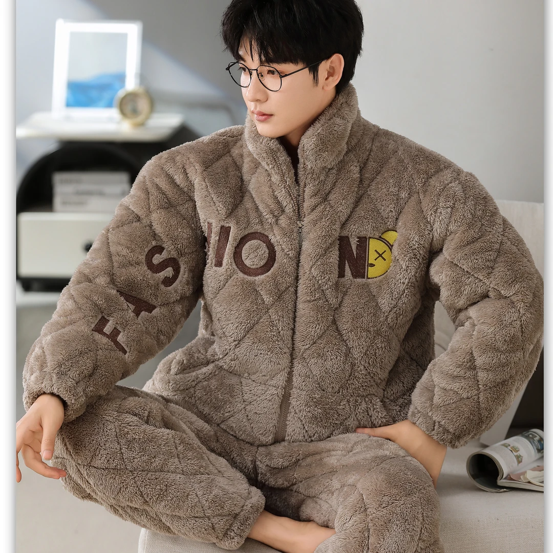 男士睡衣冬季加厚加绒珊瑚绒三层夹棉袄大码套装法兰绒保暖家居服