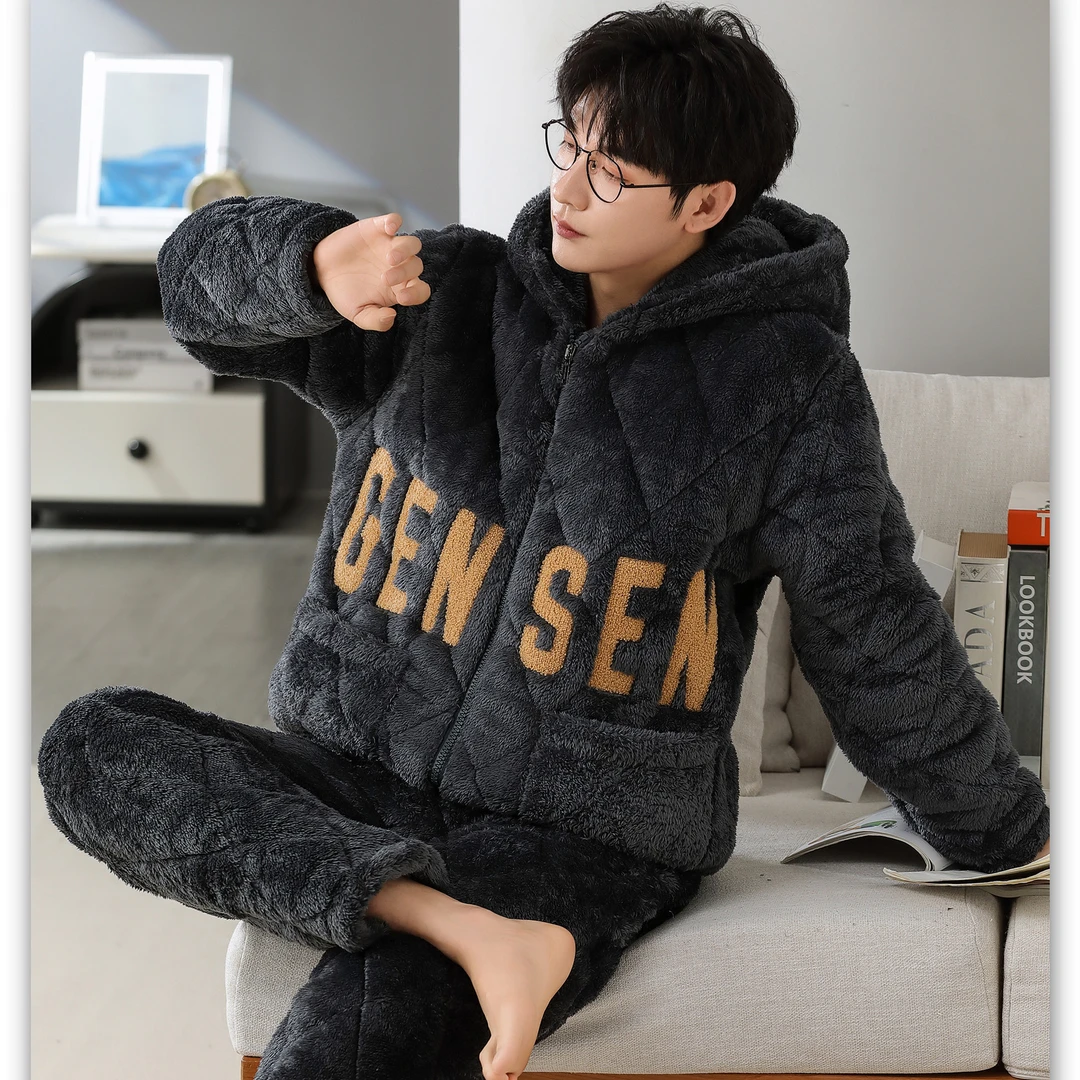 睡衣男冬季三层加绒加厚珊瑚绒夹棉套装法兰绒男士家居服大码睡袄